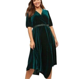 Lane Bryant NWT Green Velvet Midi Faux Wrap Assymetric Belted Dress Size 14/16
